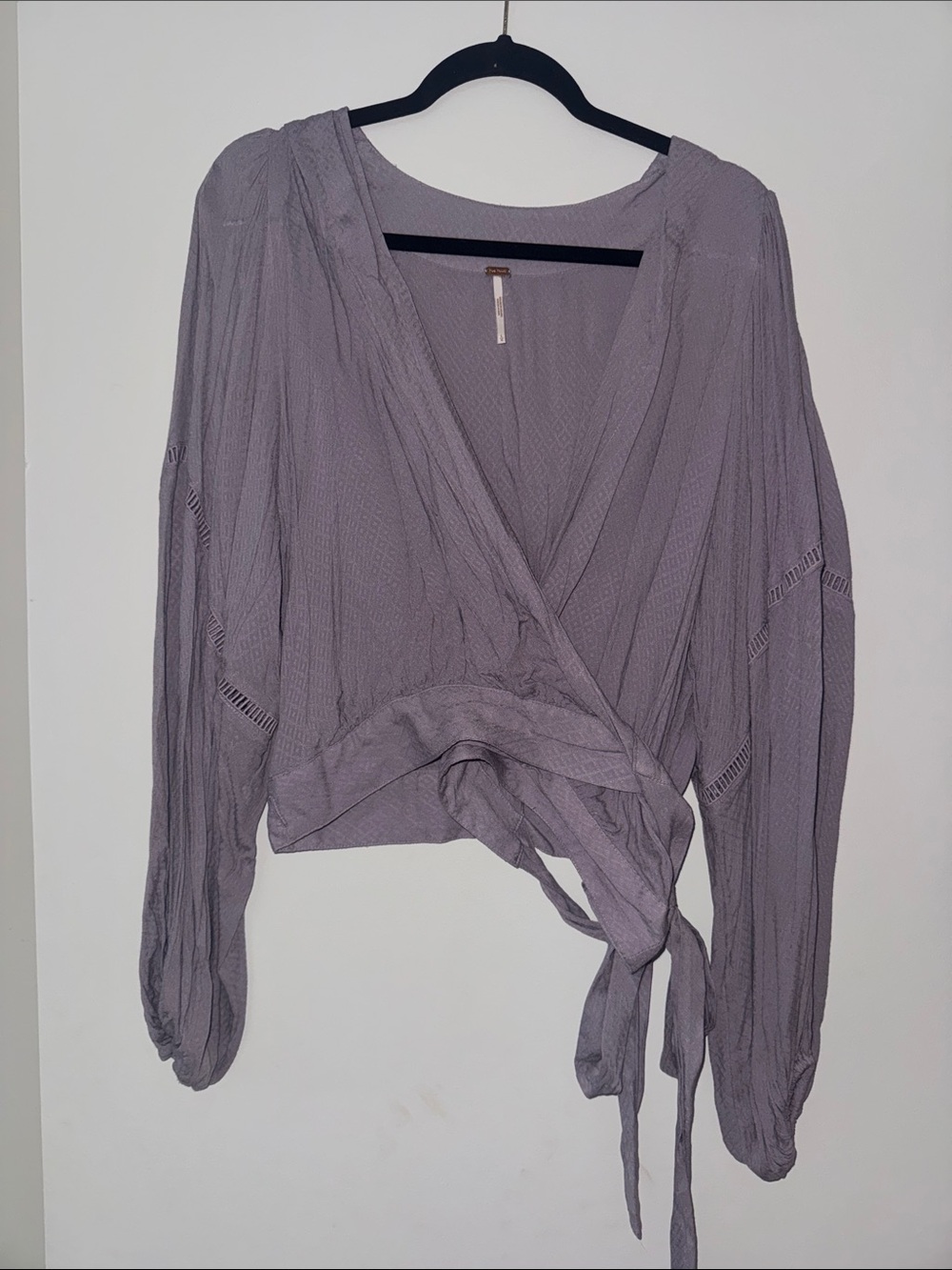Free People Tie-Waist Lavender Wrap Blouse with Balloon Sleeves